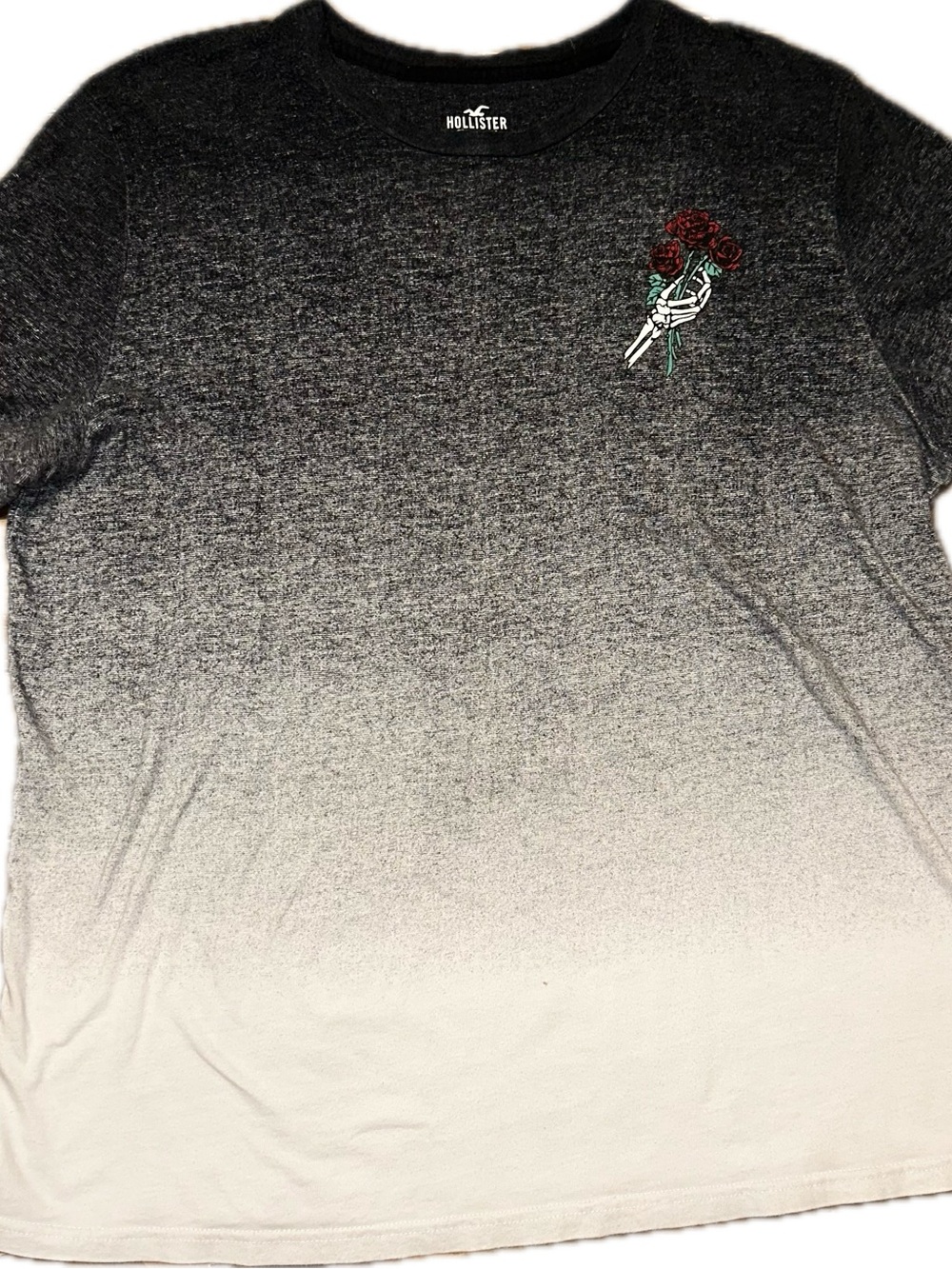 Hollister Men’s Black to Cream Ombre Tee with Red Rose Patch